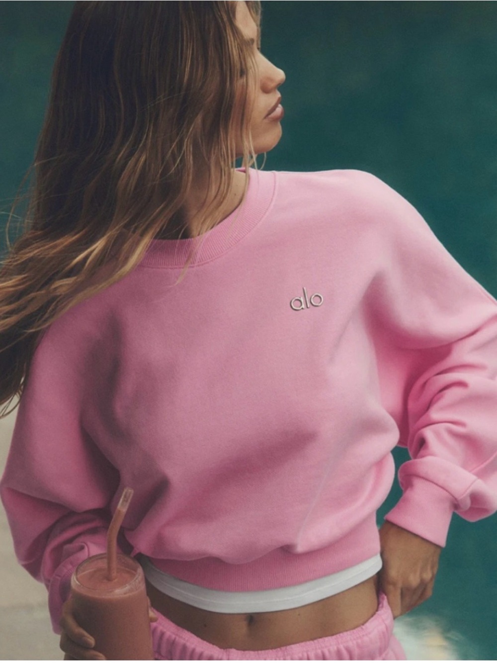Alo Yoga Accolade Cropped Sweatshirt and Shorts Set in Sweet Pink